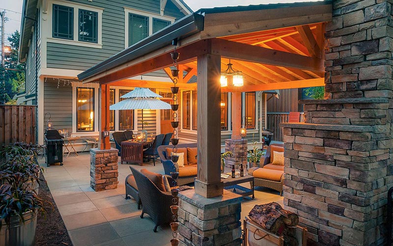 Outdoor backyard patio with stone and wood #patio #homedecor #backyard #furniture #garden #decoratingideas #decorhomeideas 