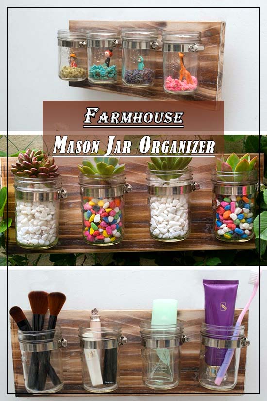 Farmhoue Mason Jar Organizer #farmhouse #masonjar #farmhousedecor #storage #organization #farmhousestorage #decorhomeideas