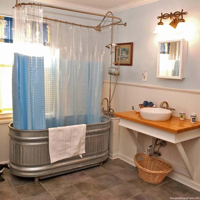 Large Wash Tub Turned into Shower and Bath #galvanized #tub #bucket #decorhomeideas