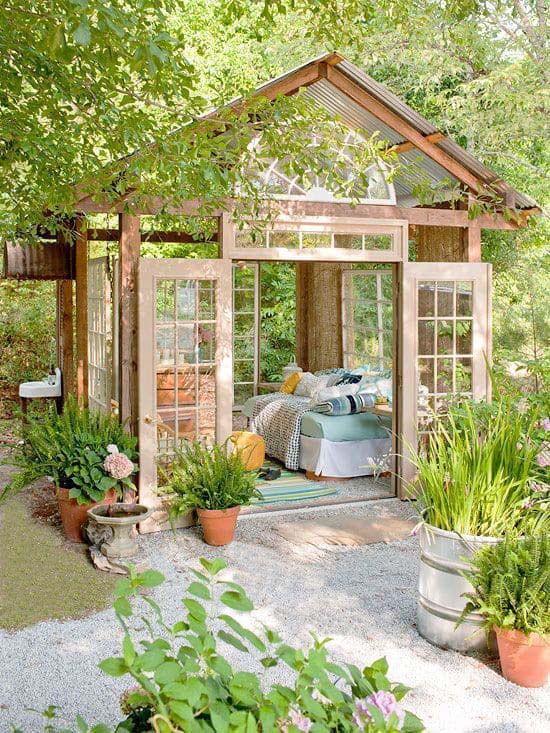 Breezy Outdoor Bedroom with Repurposed Windows #backyardhouse #decorhomeideas