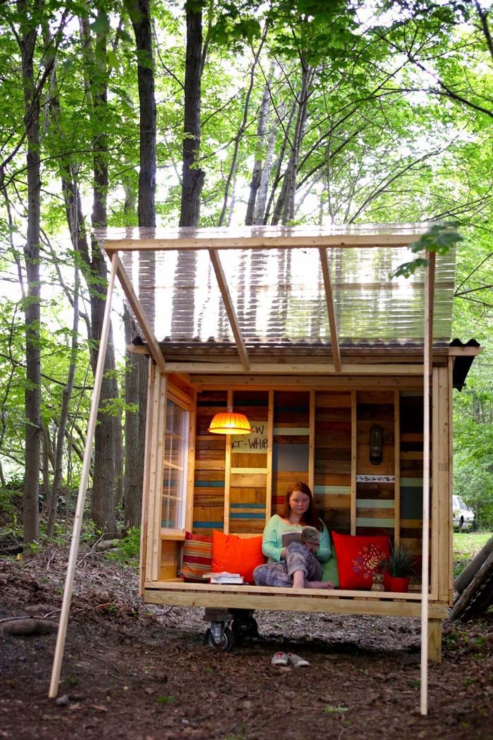 Tiny Rolling Cabin Made with Reclaimed Materials #backyardhouse #decorhomeideas