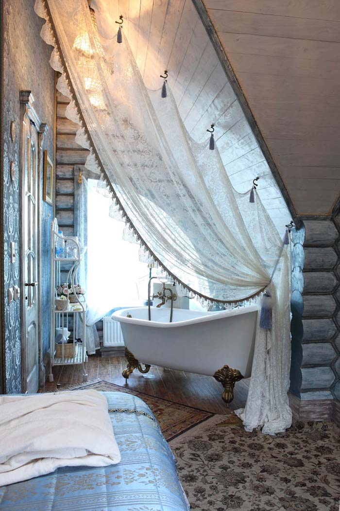 Dramatic Lace Bath Tub Privacy Curtain #shabbychic #bathroom #decorhomeideas