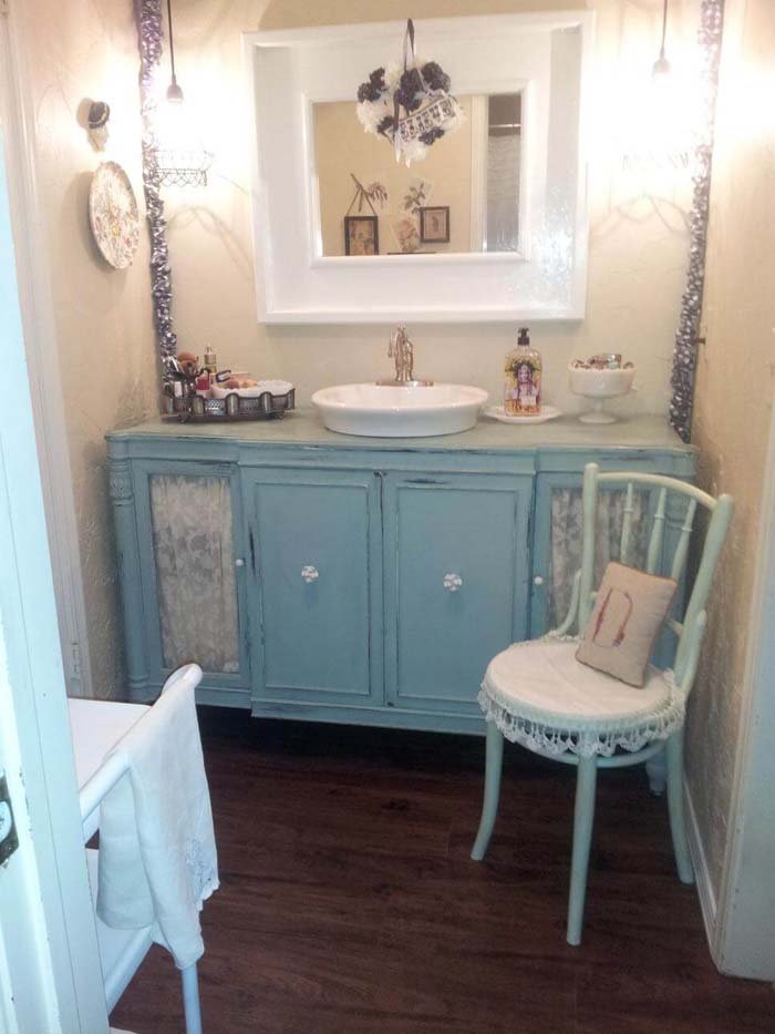 Shabby Chic Bathroom Vanity with Lace Features #shabbychic #bathroom #decorhomeideas