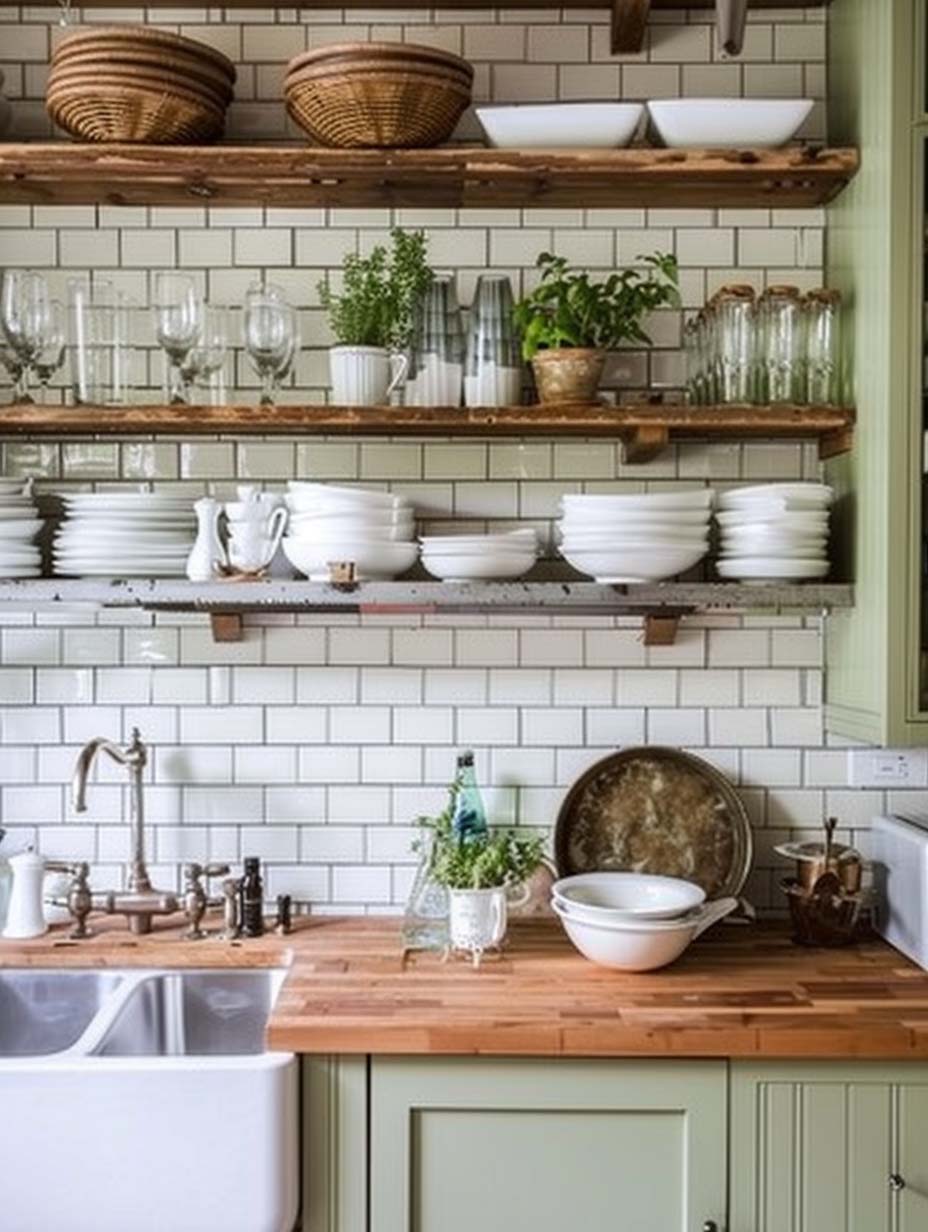 5. Open Shelving with Sage Green Accents