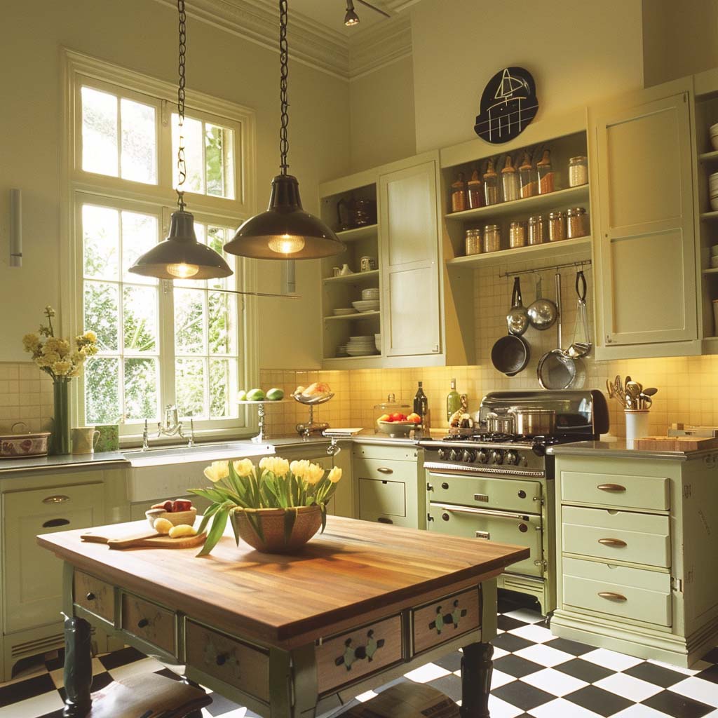 22. Rustic Charm with Checkerboard Flooring