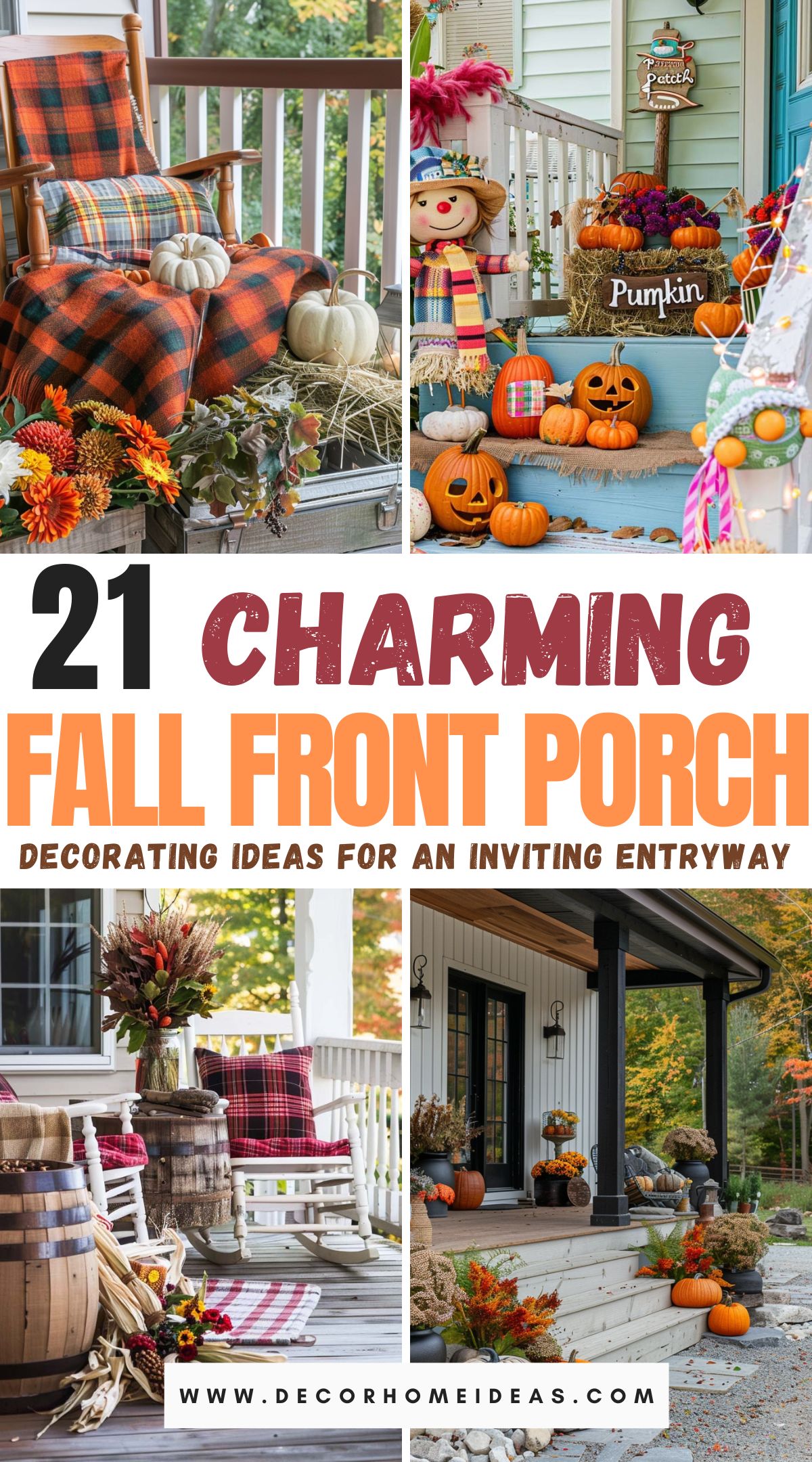 Create an inviting entryway with these 15 charming fall front porch decorating ideas. Embrace the season with warm hues, cozy textures, and festive touches. From vibrant pumpkins and rustic wreaths to cozy lanterns and plaid blankets, discover how to transform your porch into a welcoming autumn retreat that captures the essence of fall.