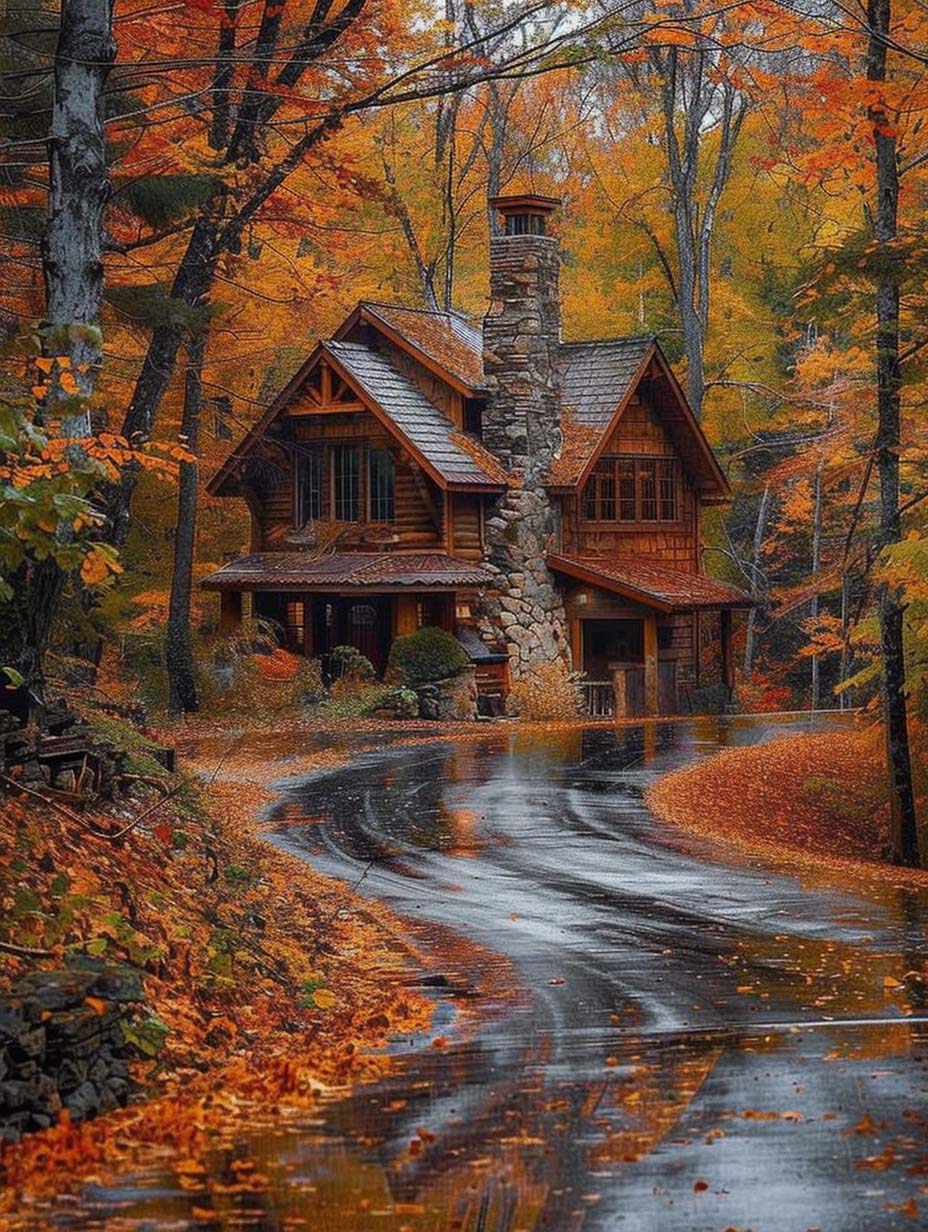 11. Serene Log Cabin in Autumn Woods