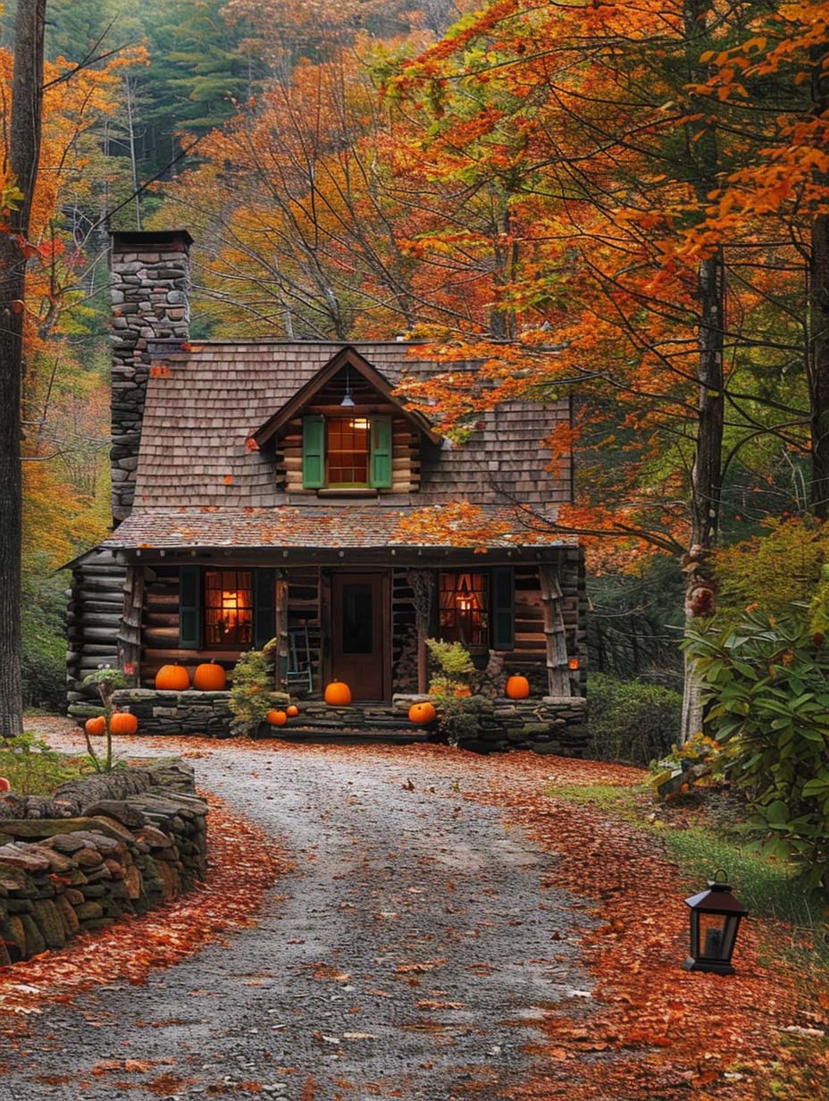 12. Charming Cabin with Pumpkin Accents