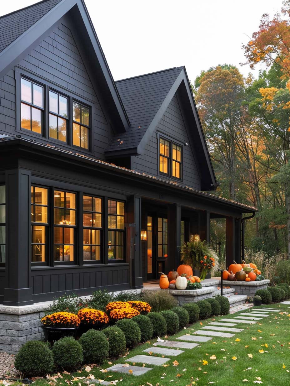 6. Modern Black House with Festive Fall Decor