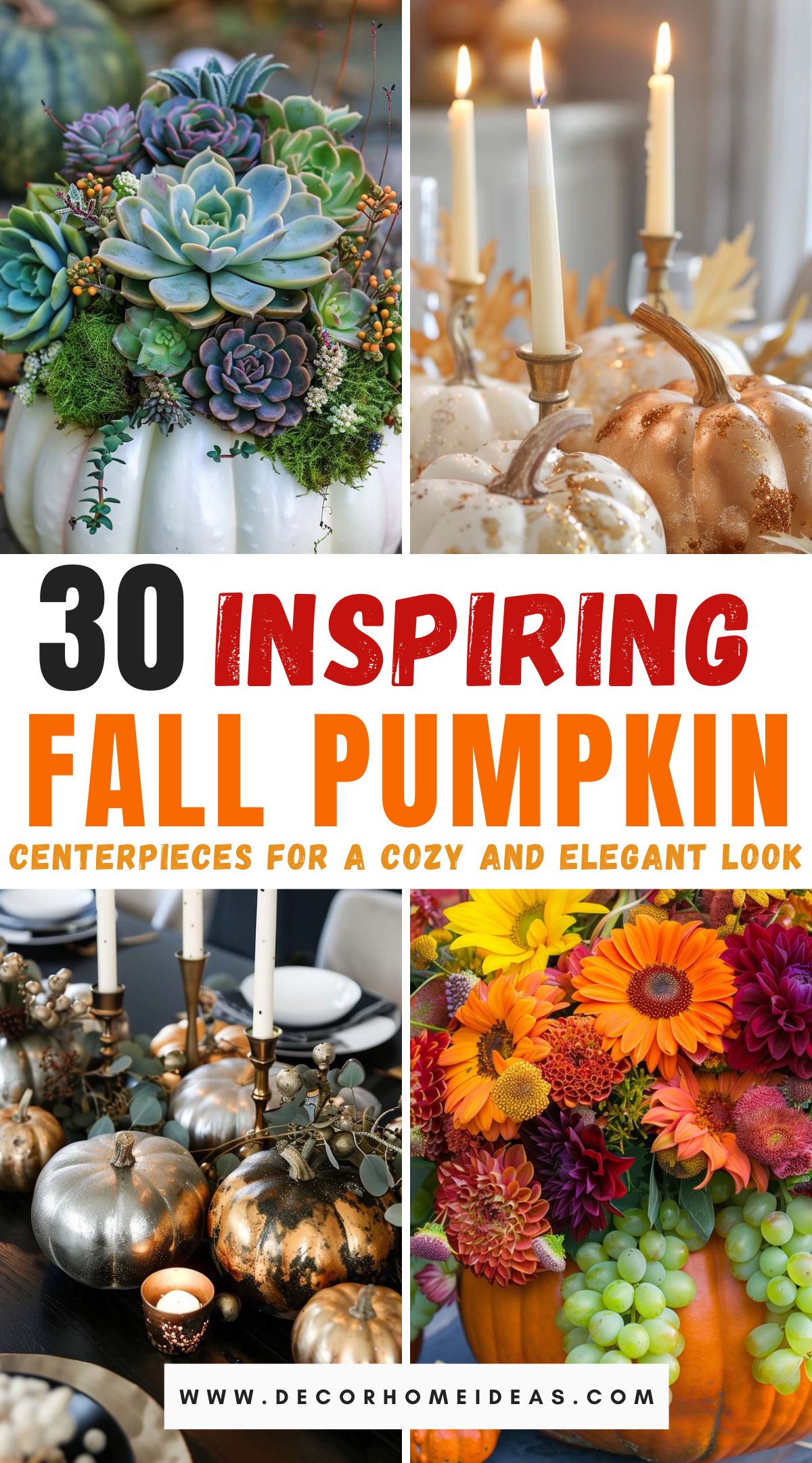 Create a warm and sophisticated autumn atmosphere with these 30 inspiring fall pumpkin centerpieces. From rustic arrangements with natural elements like foliage and pinecones to chic designs featuring metallic paints and candles, discover creative ways to incorporate pumpkins into your decor. These centerpieces will add a cozy and elegant touch to your home, perfect for celebrating the fall season in style.