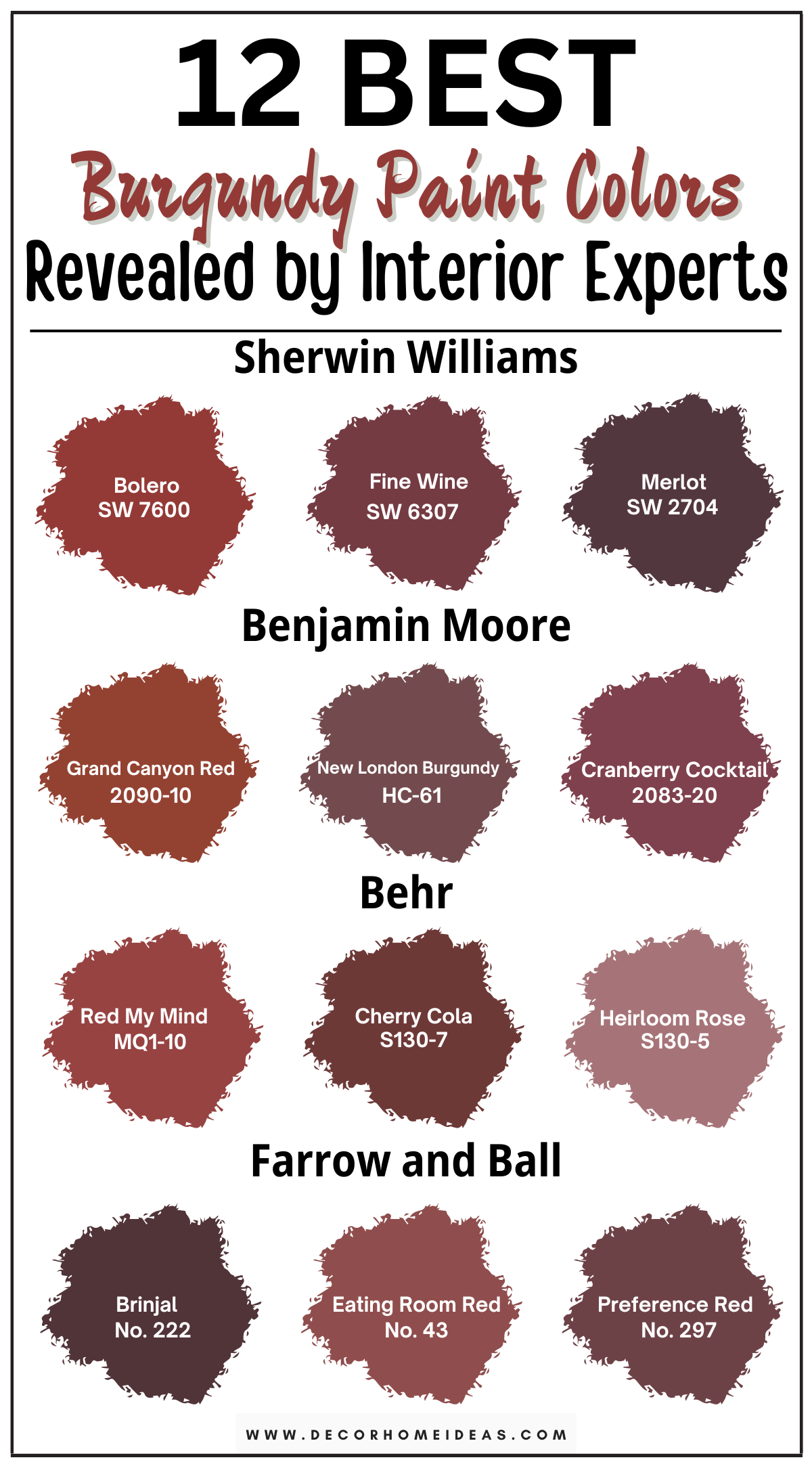 Explore 12 rich burgundy paint colors recommended by designers for a touch of elegance in your home. These deep, luxurious shades of burgundy bring warmth and sophistication to any room, offering a timeless and regal feel. From velvety reds to wine-inspired hues, discover designer-approved colors that add depth and richness to your interiors. Perfect for creating a cozy living room, an intimate dining area, or a statement wall, these burgundy paint colors provide a stunning backdrop that elevates your space with classic charm and refined beauty.