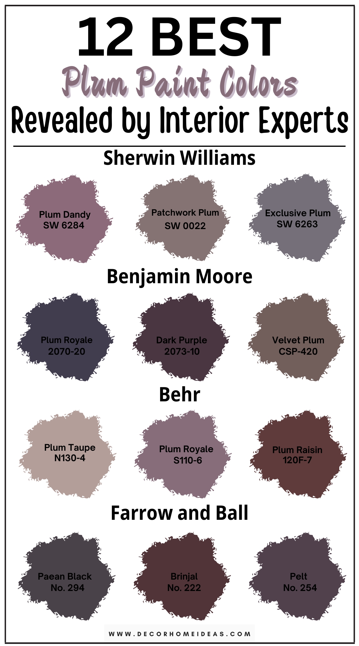 Explore 12 lush plum paint colors that add a touch of luxury to your home. These deep, rich shades of plum bring a sense of opulence and sophistication to any room, creating a warm and inviting atmosphere. From velvety, dark purples to softer, wine-inspired hues, discover designer-recommended colors that exude elegance and depth. Perfect for accent walls, dining rooms, or cozy living spaces, these plum paint colors provide a luxurious backdrop that transforms your interiors with timeless charm and richness.

