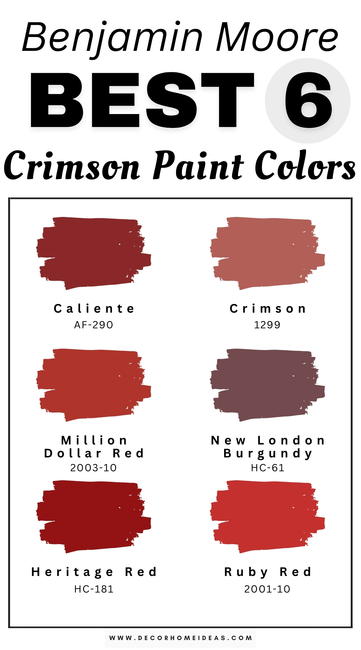 Explore 6 rich crimson paint colors by Benjamin Moore that bring depth and elegance to any space. These luxurious shades of crimson add a bold, sophisticated touch to accent walls, dining rooms, or living spaces, creating a warm and inviting atmosphere. Designer-approved for their intensity and timeless appeal, these Benjamin Moore crimson hues offer a perfect blend of richness and vibrancy. Transform your home with these beautiful crimson paint colors for a stunning, dramatic look.