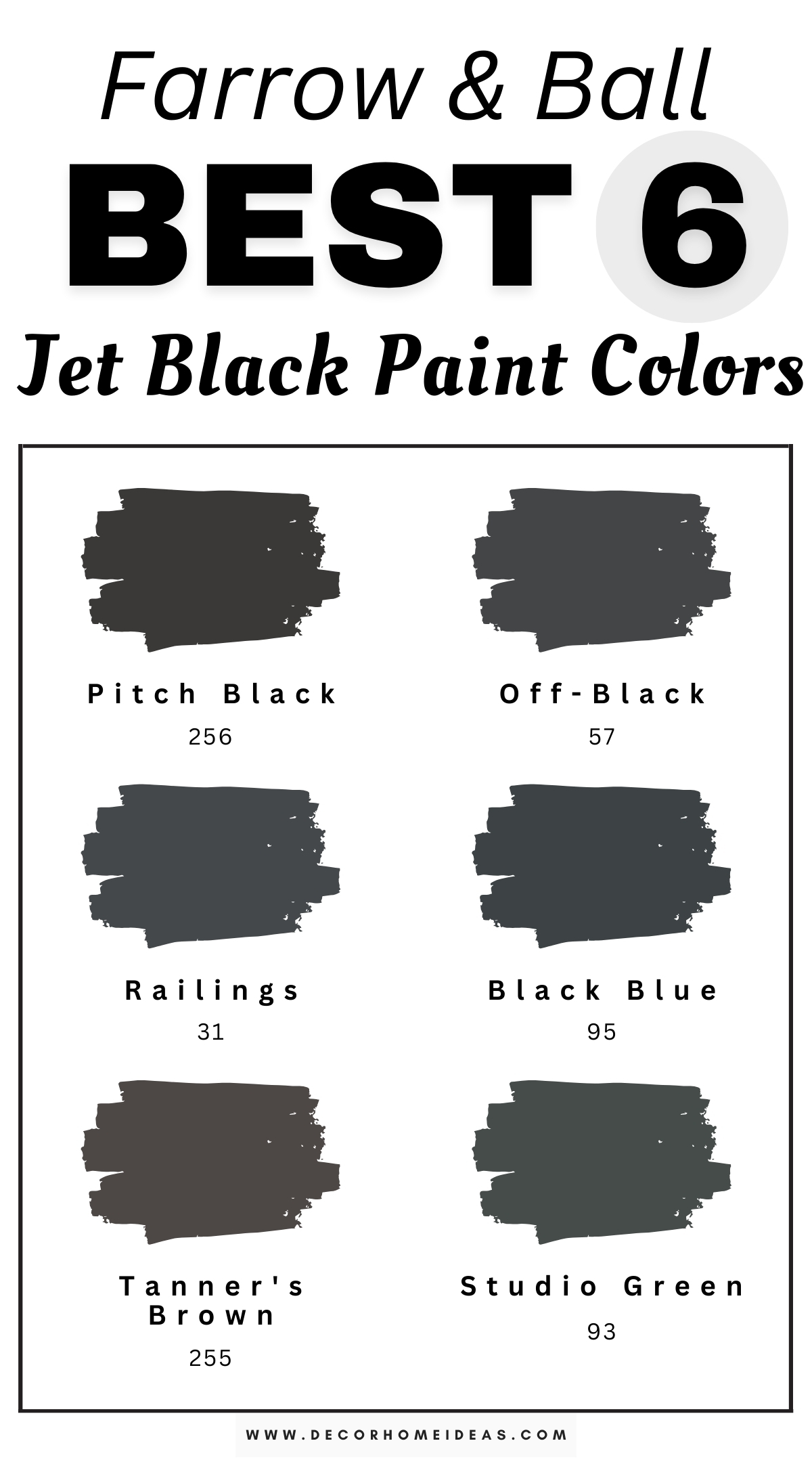 Enhance your home with these six sophisticated jet black paint colors from Farrow & Ball. Renowned for their luxurious finishes and rich pigments, these deep blacks bring an air of elegance and drama to any space. Perfect for accent walls, cabinetry, or trim, these sophisticated shades will add depth and a timeless quality to your interiors while making a bold statement!