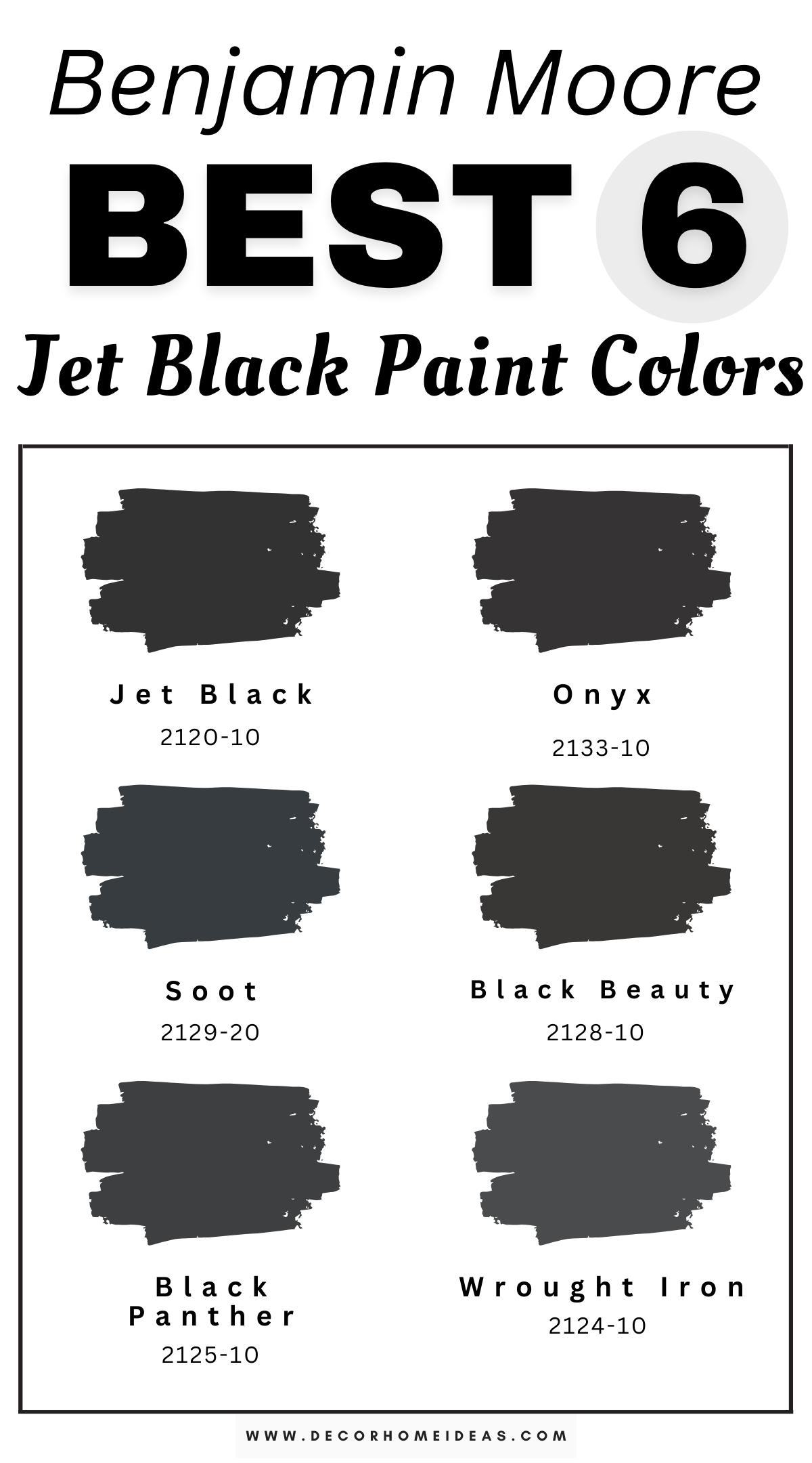 Make a bold statement with these six striking jet black paint colors by Benjamin Moore. These deep, dramatic shades add an air of elegance and sophistication to any space, making them perfect for accent walls, trim, or cabinetry. Whether you're aiming for a modern edge or a timeless classic look, these rich black hues will give your home a striking and refined finish!