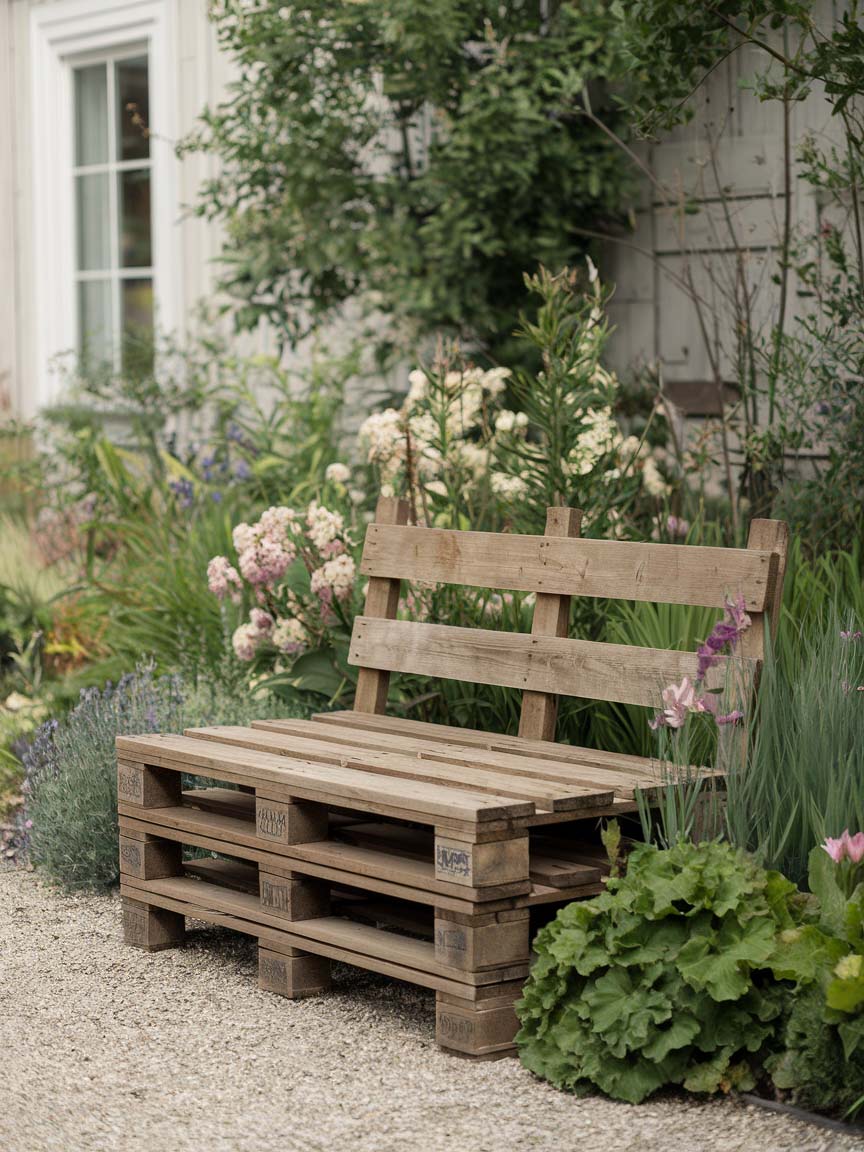 11. Rustic Pallet Bench Surrounded by Lush Greenery