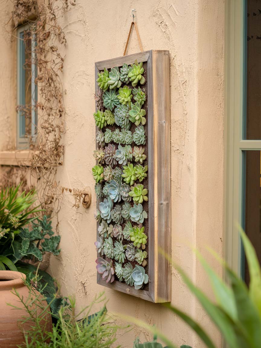 16. Vertical Succulent Wall for Compact Gardening