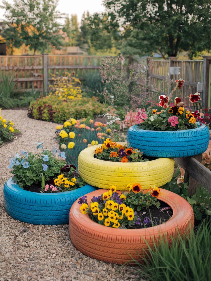 5. Colorful Tire Planters for a Playful Vibe