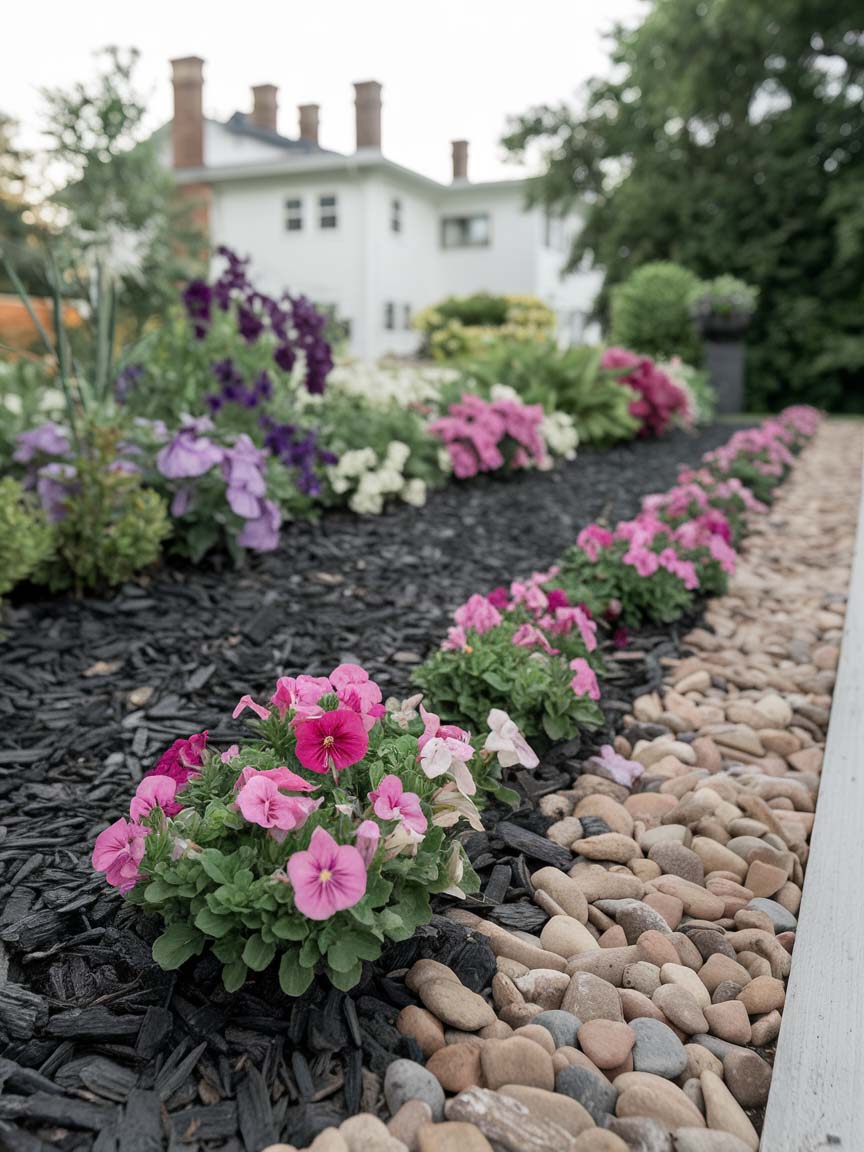 14. Contrasting Mulch and Pebble Flower Border