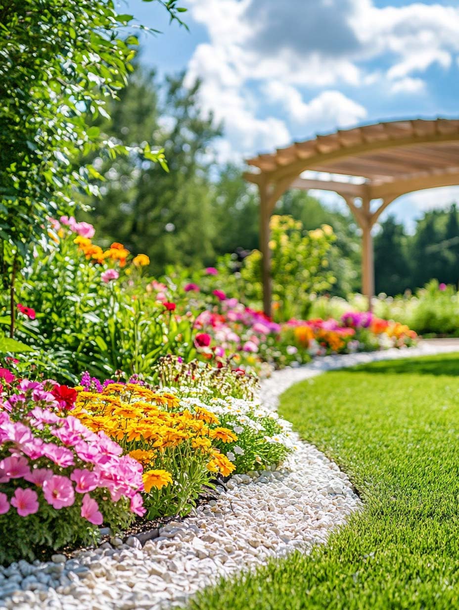 20. Bright Flower Border Along a Sunny Pergola