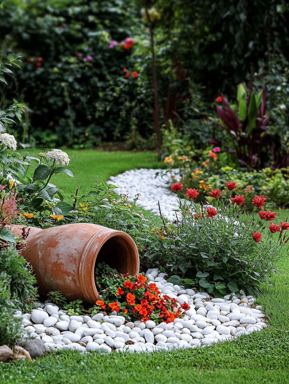 27. Rustic Charm with Potted Flowers and Pebbles