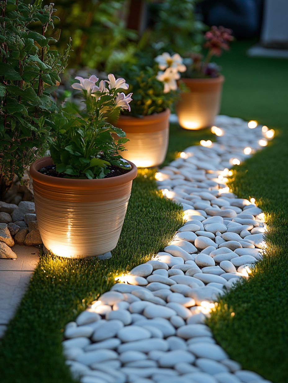 6. Illuminated Rock Pathway with Potted Plants