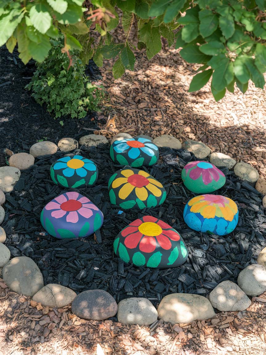 9. Painted Rock Garden with Floral Motifs