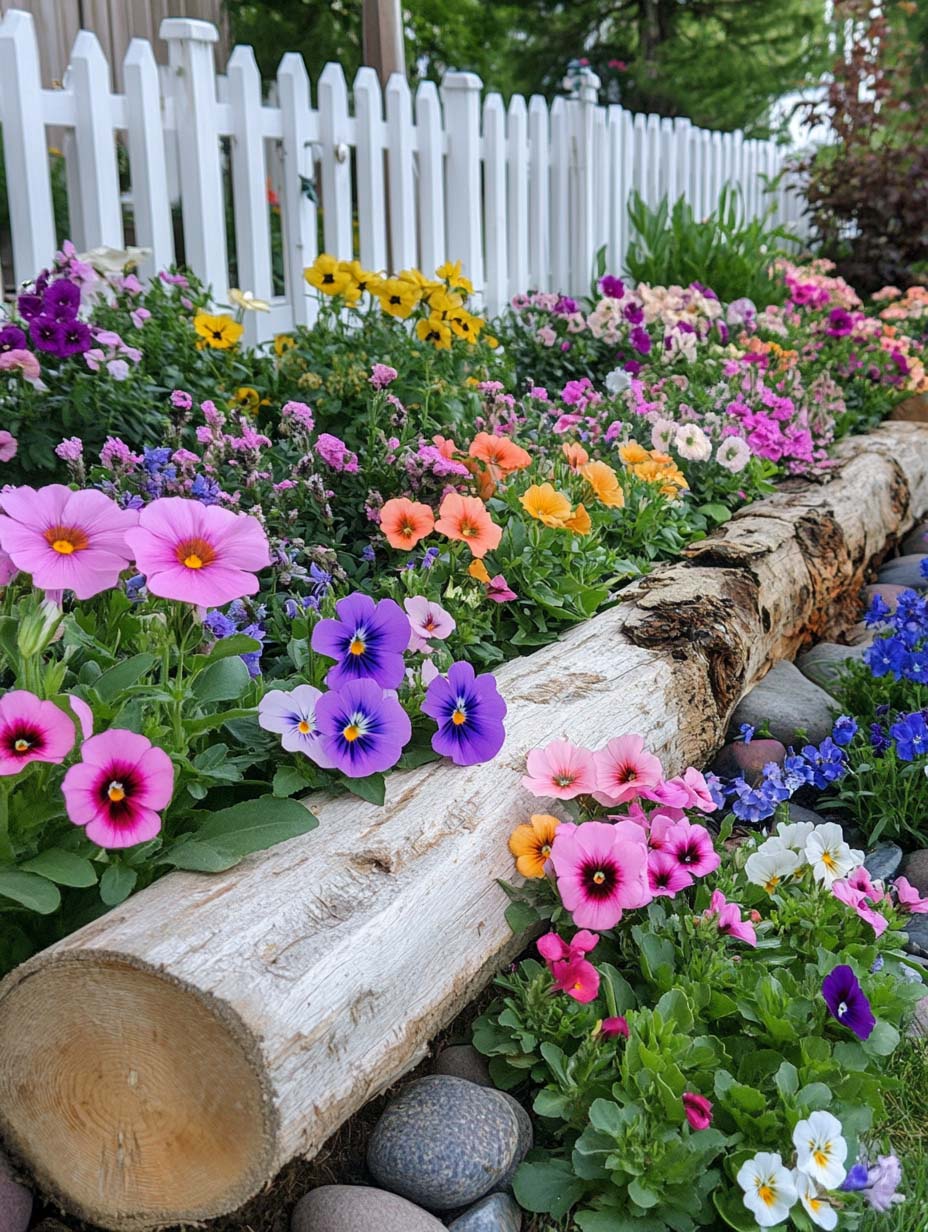 10. Rustic Floral Bed with a Log Accent