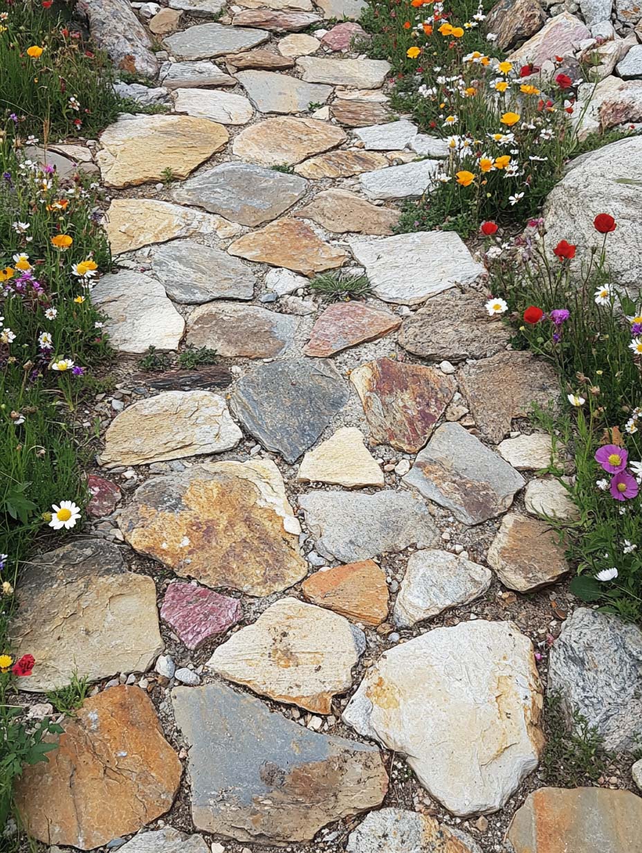 15. Rustic Stone Path with Wildflower Accents