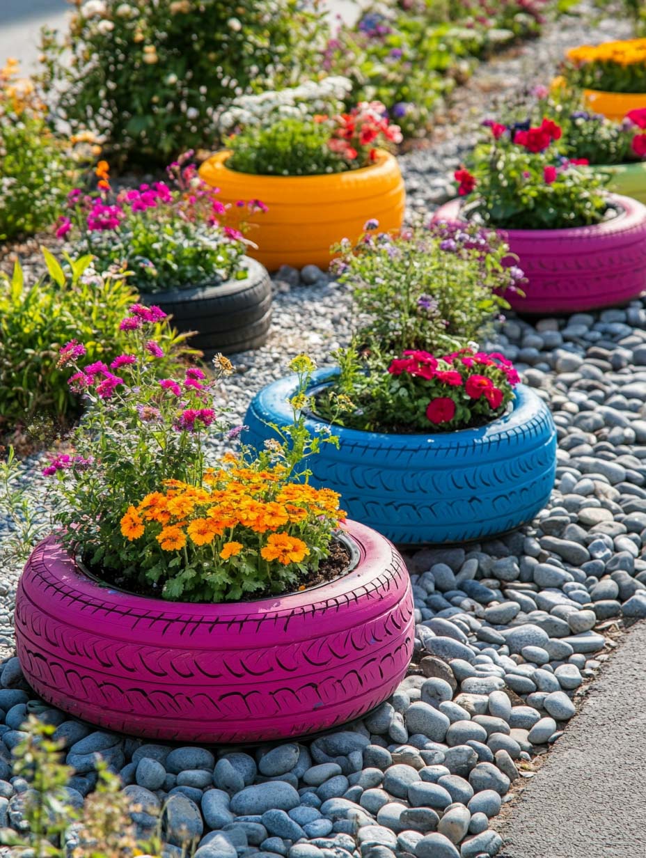 21. Playful Tire Planters for a Pop of Color