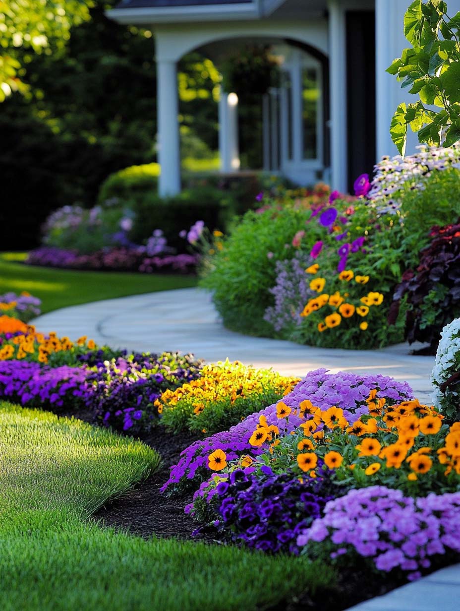 22. Vibrant Floral Border Along a Curved Pathway