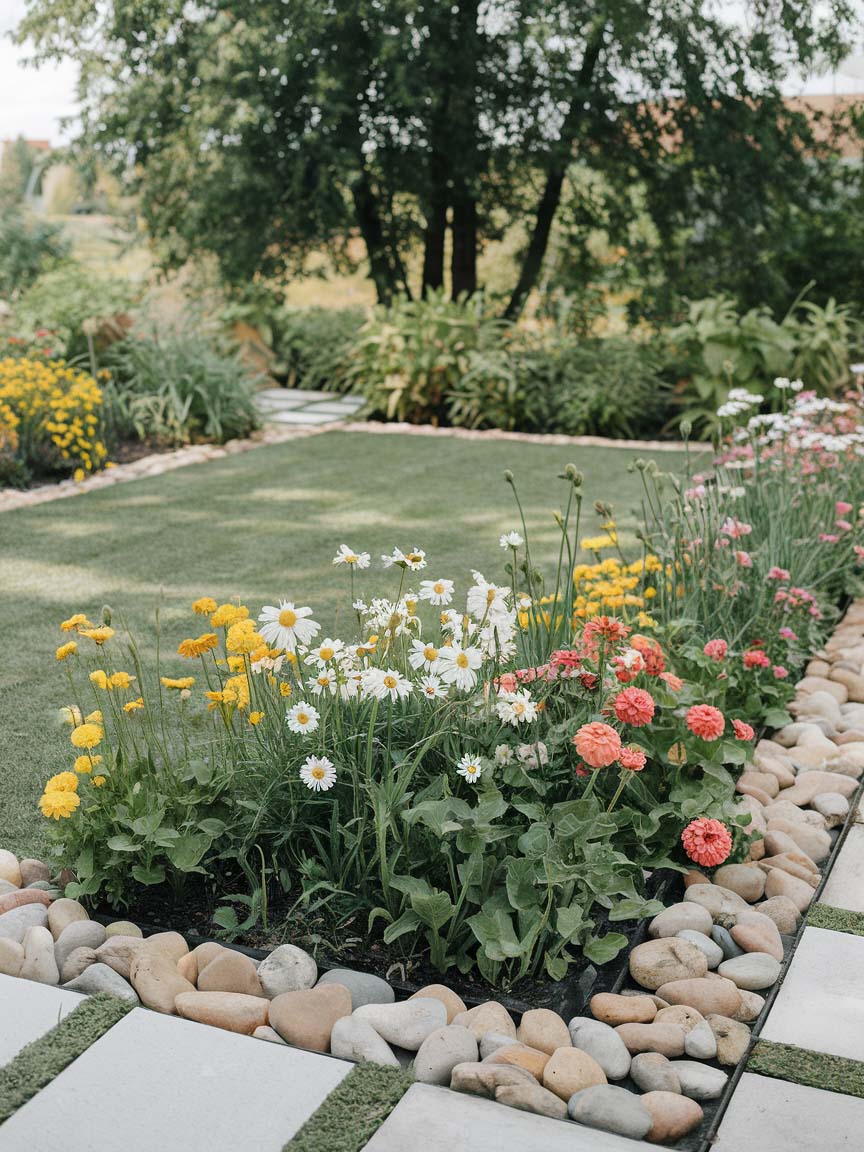 23. Natural Flower Bed with Subtle Stone Edging