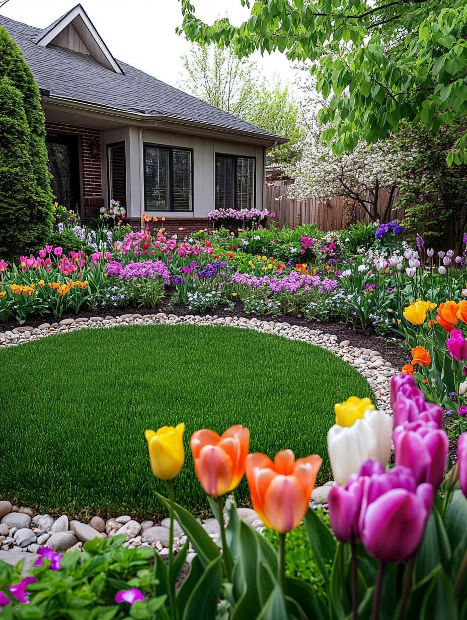 29. Lush Tulip Garden Around a Green Lawn