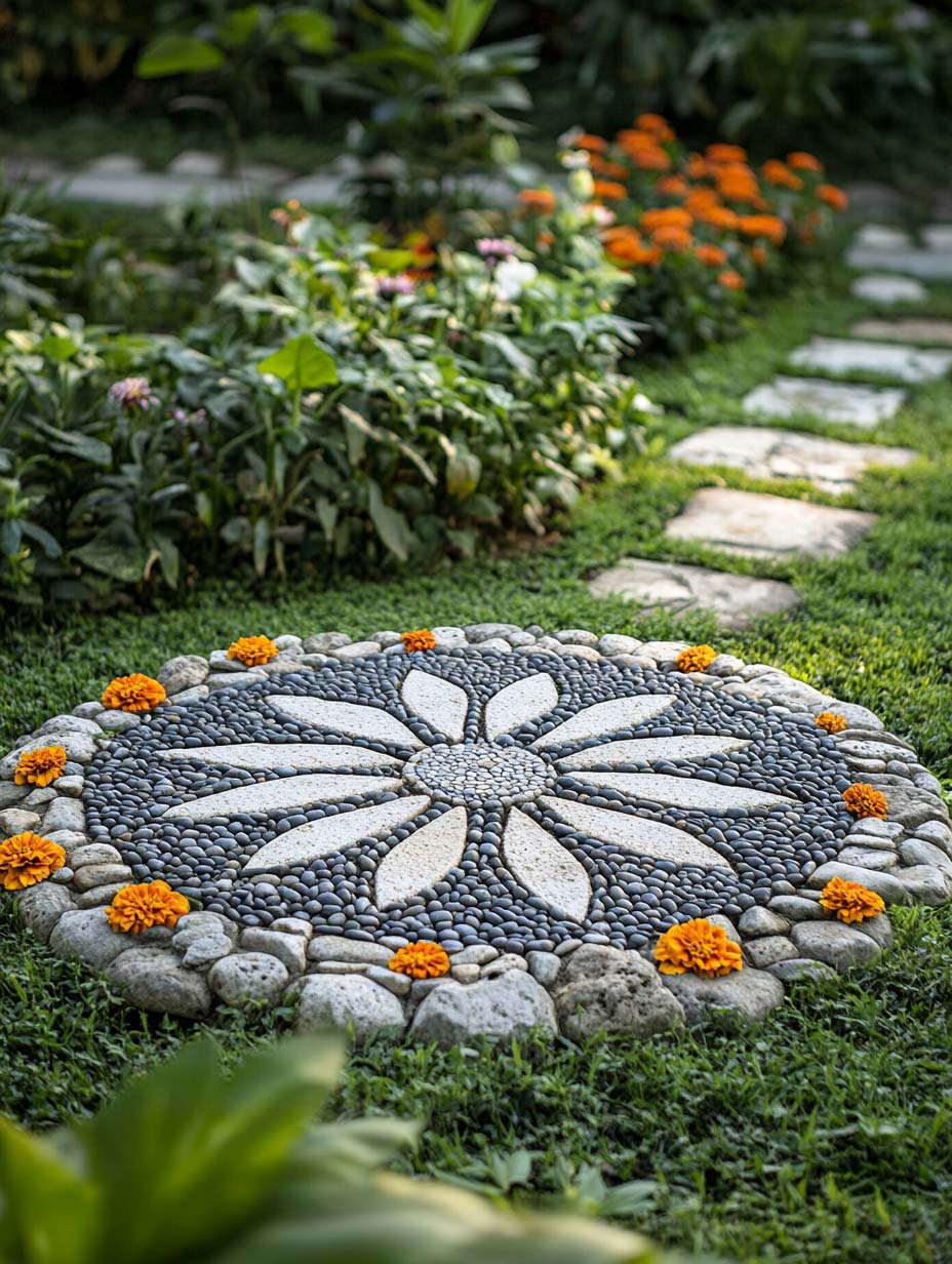 30. Decorative Pebble Mandala with Floral Highlights