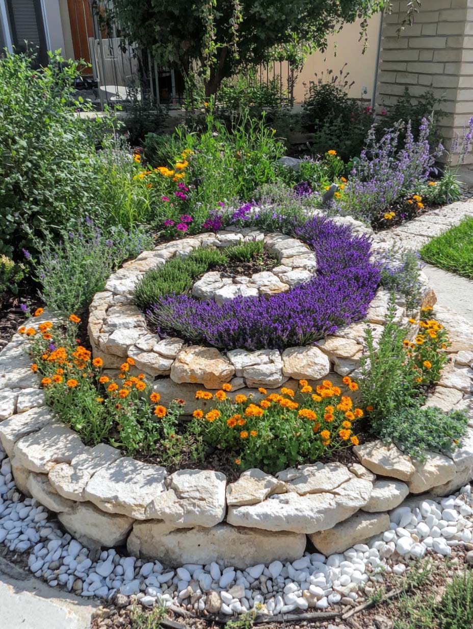 5. Spiral Herb Garden with Vibrant Blooms