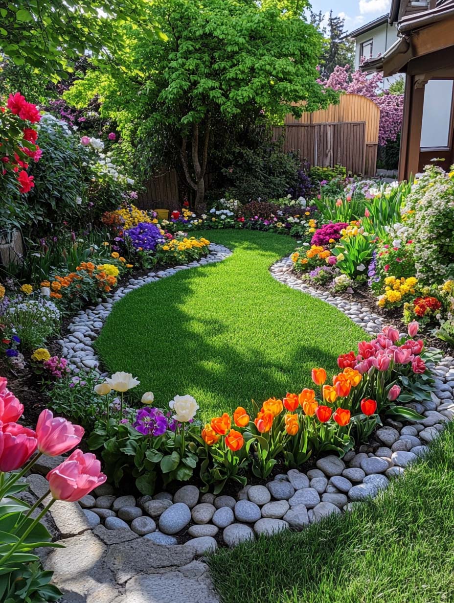 8. Colorful Floral Border Along a Curved Lawn