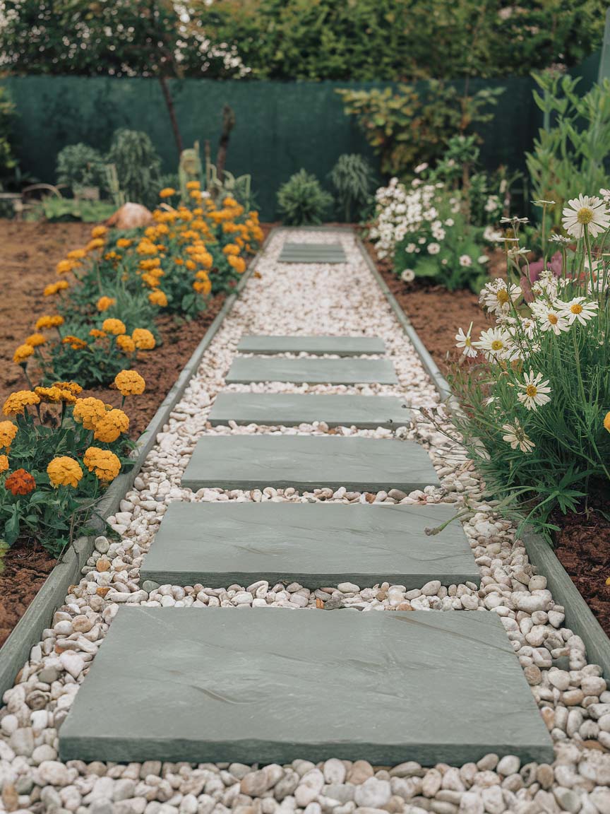 9. Stone Pathway Lined with Bright Blooms