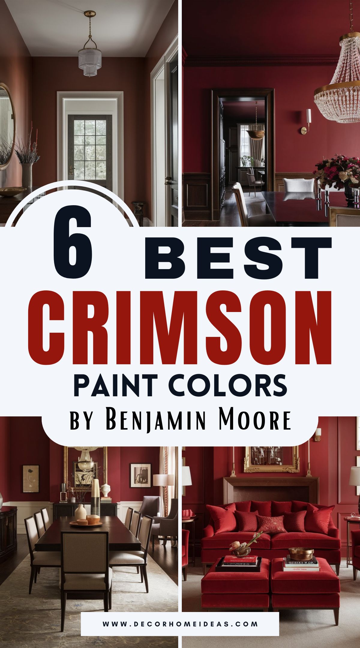 Explore 6 rich crimson paint colors by Benjamin Moore that add warmth, depth, and sophistication to any room. Discover how these bold, luxurious shades can create a striking atmosphere—perfect for cozy living spaces, elegant dining rooms, or romantic bedrooms.